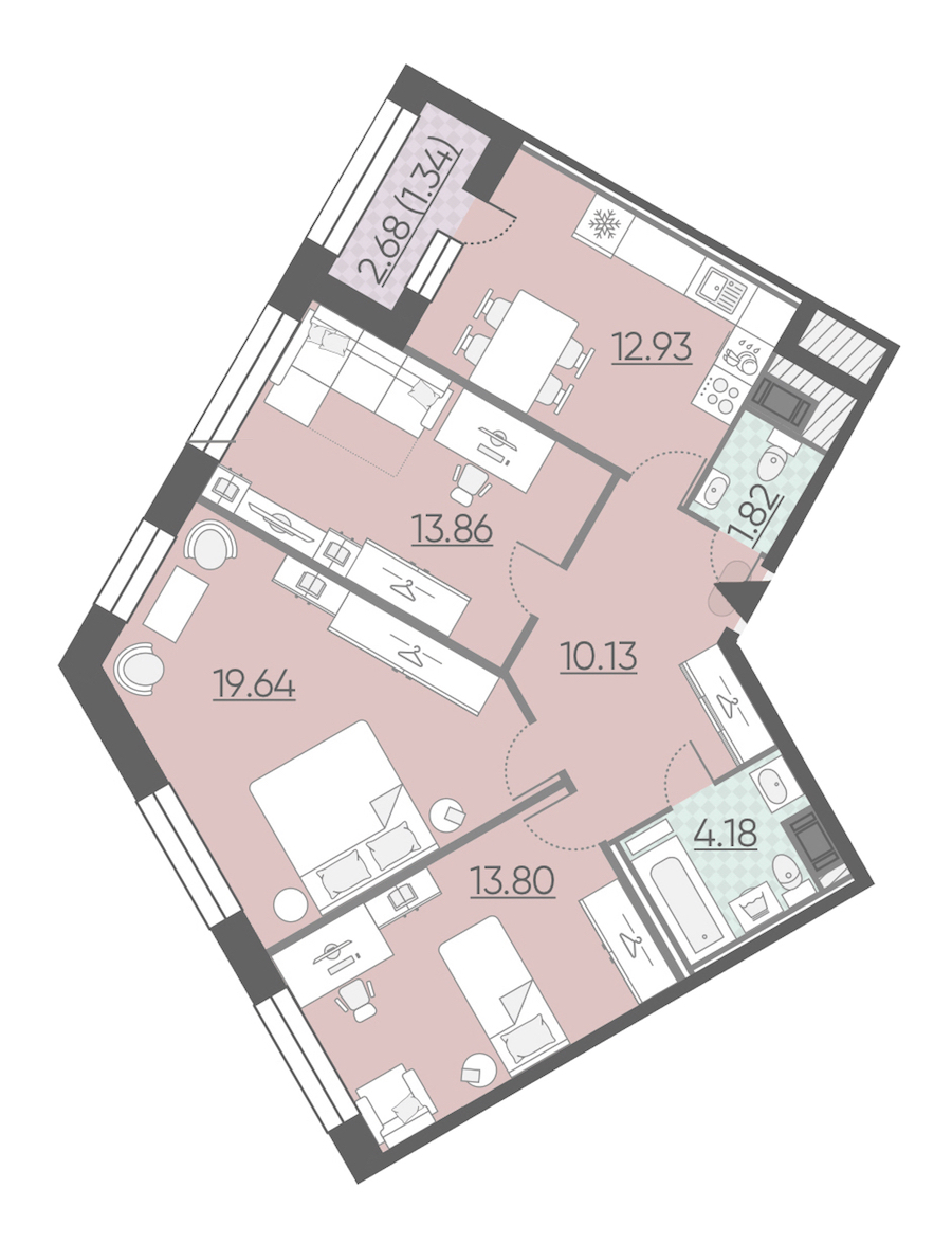 3-комнатная, 78 м² — ЖК ЖК Riviere Noire (Ривьер Нуар)