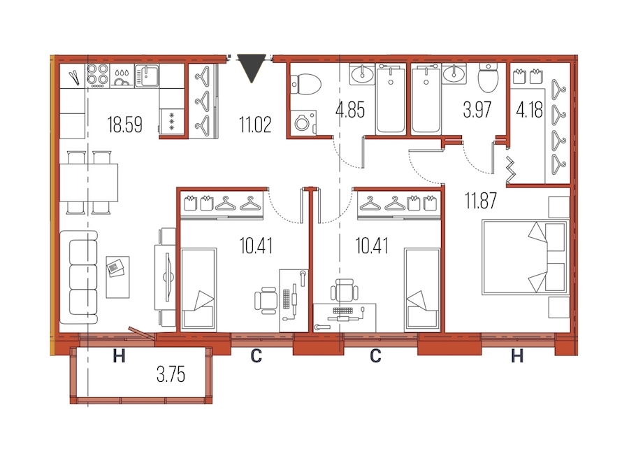 3-комнатная, 75 м² — ЖК ЖК Legenda Героев