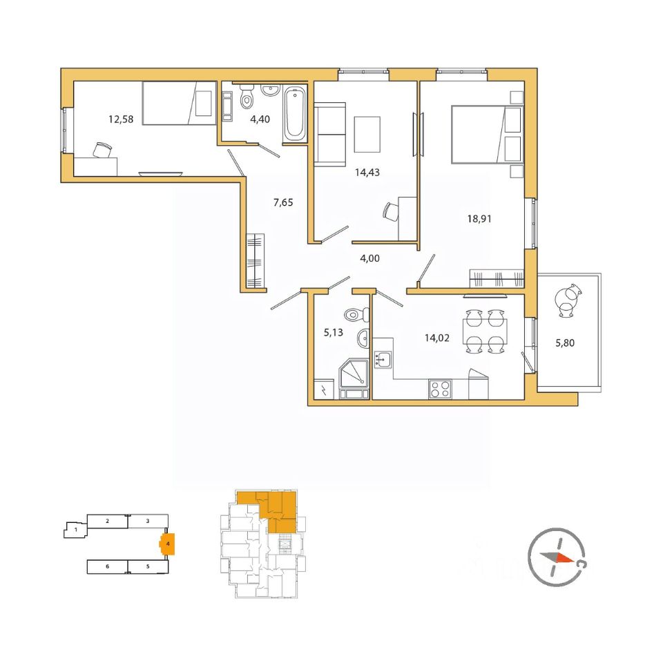 3-комнатная, 84 м² — ЖК ЖК Юттери