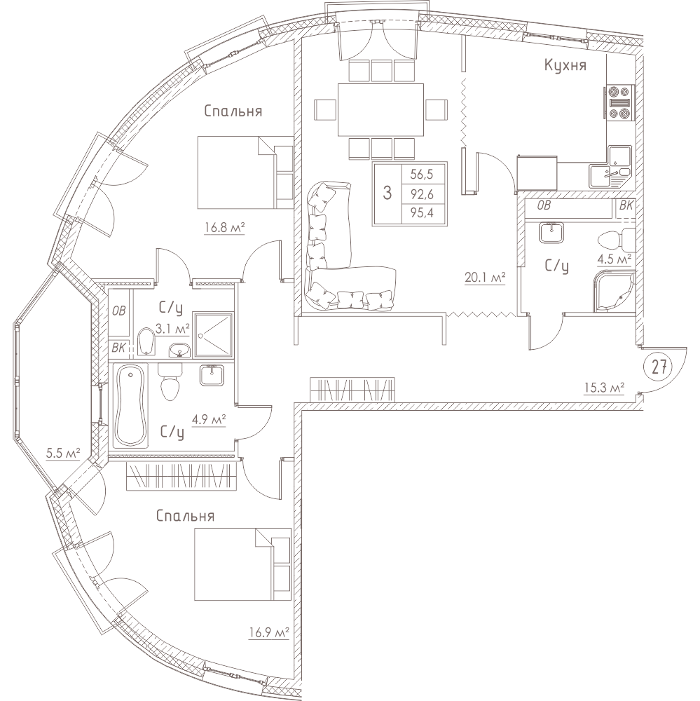 3-комнатная, 95 м² — ЖК ЖК Barcelona (Барселона)