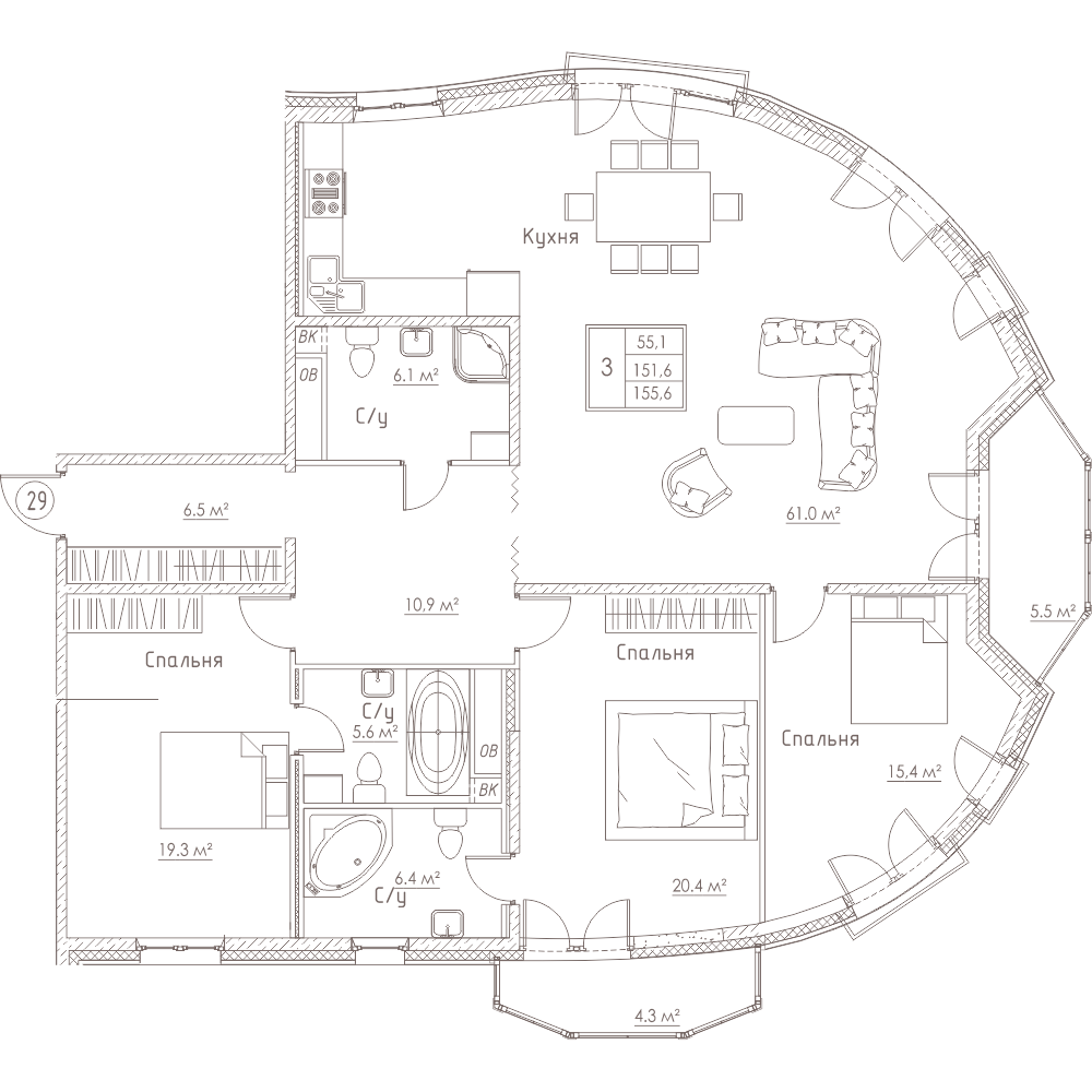 3-комнатная, 156 м² — ЖК ЖК Barcelona (Барселона)