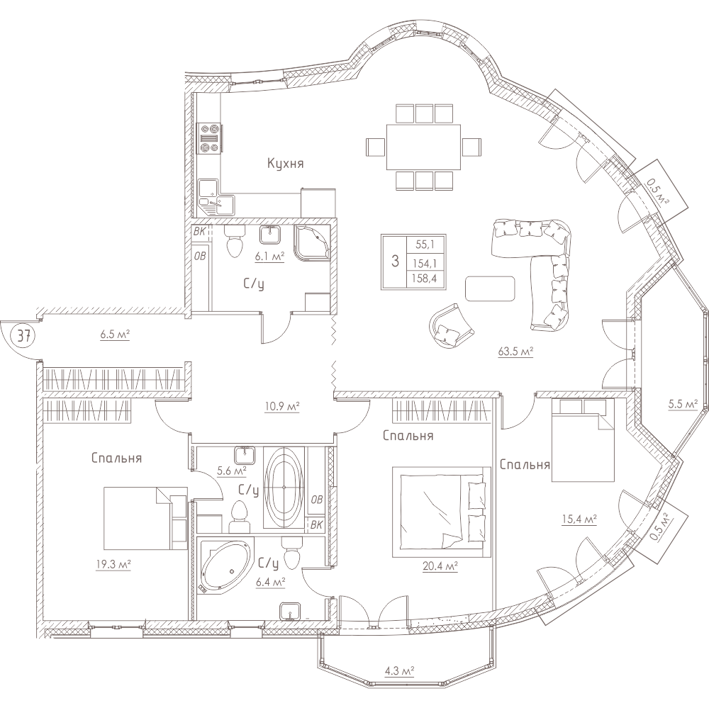3-комнатная, 158 м² — ЖК ЖК Barcelona (Барселона)