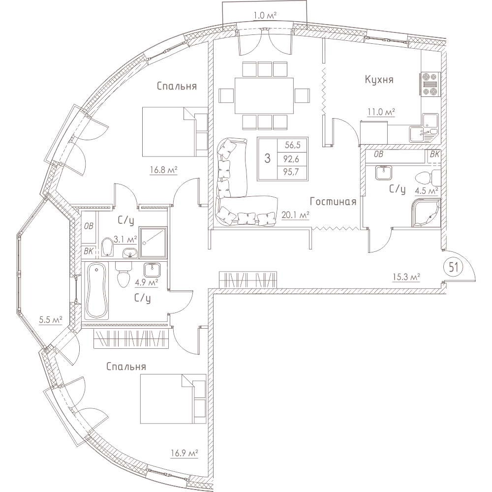 3-комнатная, 96 м² — ЖК ЖК Barcelona (Барселона)