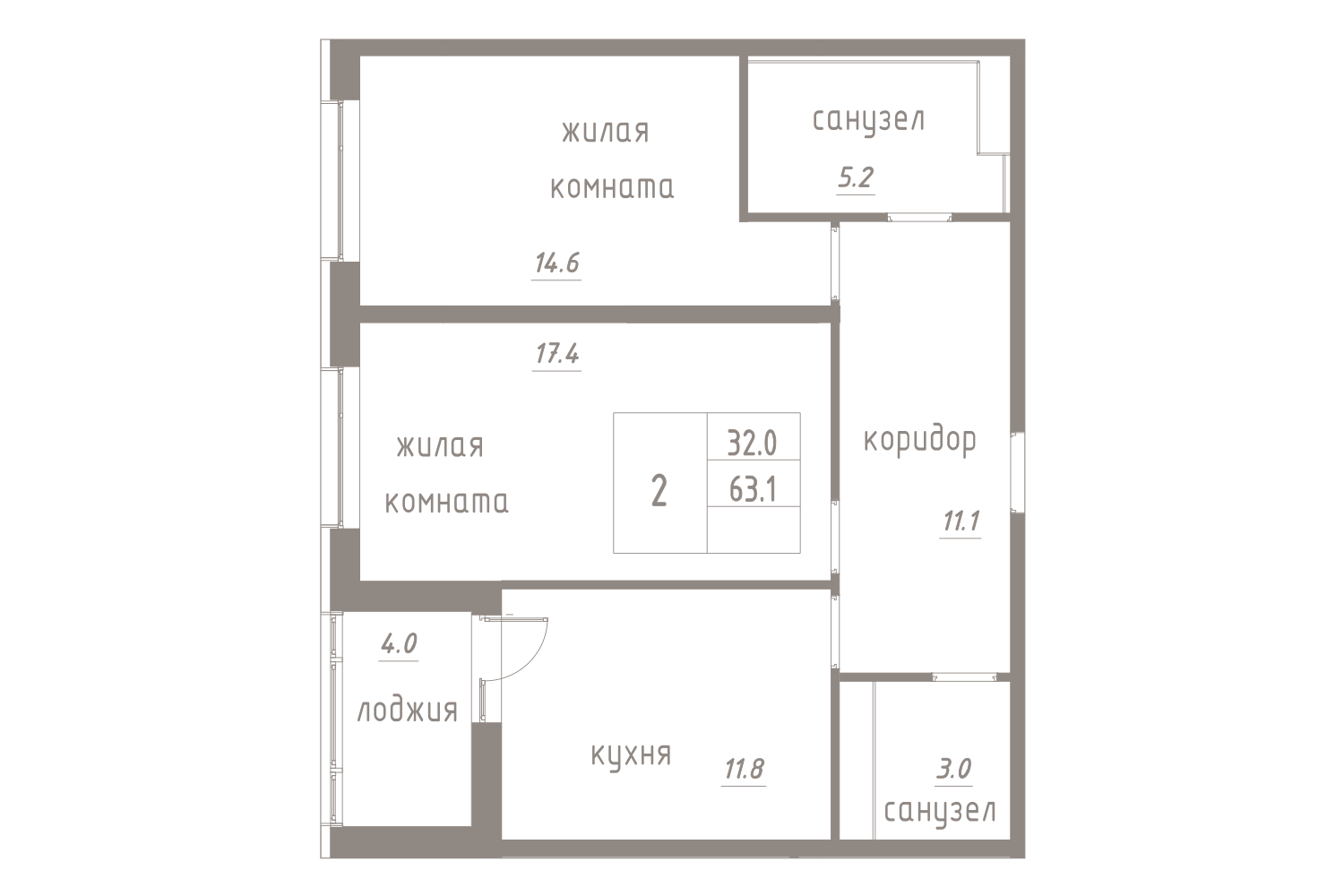 2-комнатная, 65 м² — ЖК ЖК Лайф Лесная