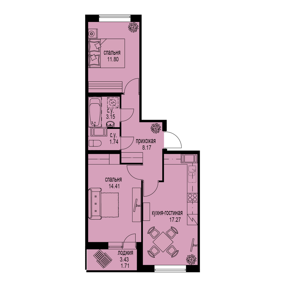 2-комнатная, 58 м² — ЖК ЖК ID Мурино (Айди Мурино)