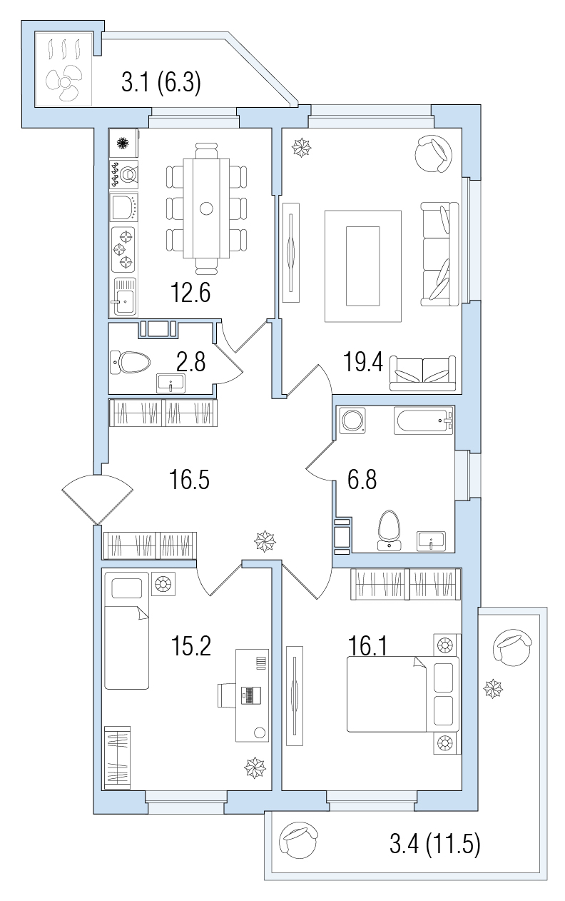 3-комнатная, 95 м² — ЖК ЖК Жемчужный берег