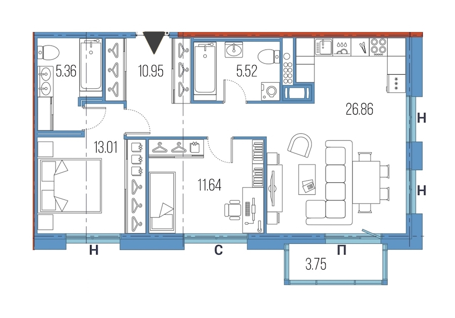 2-комнатная, 73 м² — ЖК ЖК Legenda Героев