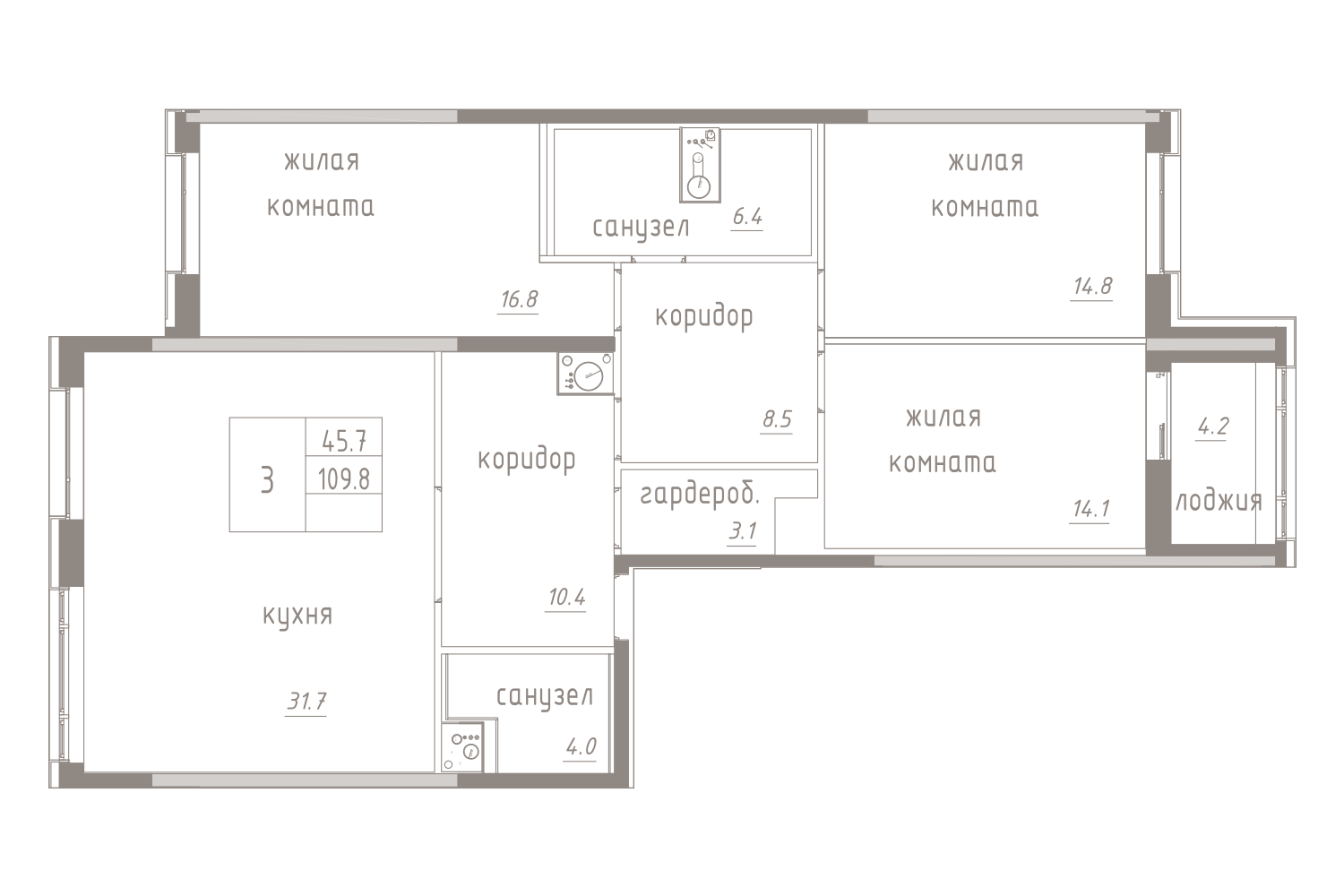 3-комнатная, 112 м² — ЖК ЖК Лайф Лесная