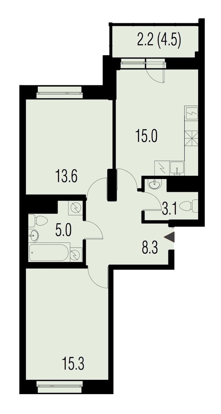 2-комнатная, 61 м² — ЖК ЖК Жемчужный Каскад