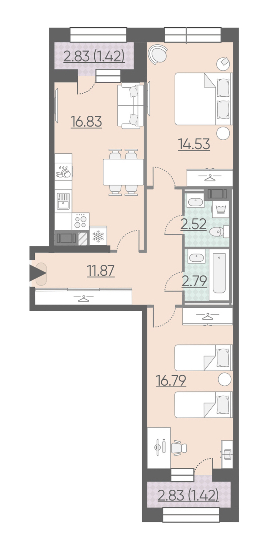 2-комнатная, 68 м² — ЖК ЖК Riviere Noire (Ривьер Нуар)
