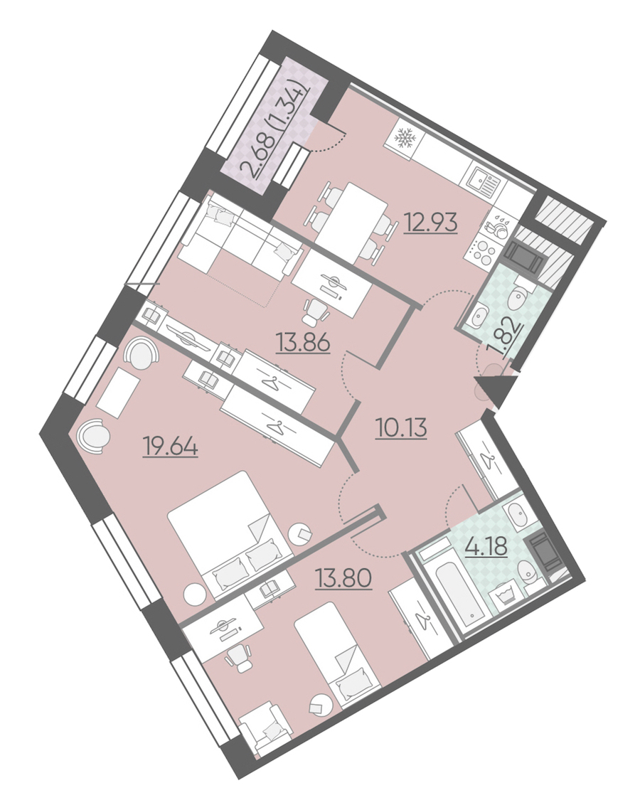 3-комнатная, 78 м² — ЖК ЖК Riviere Noire (Ривьер Нуар)