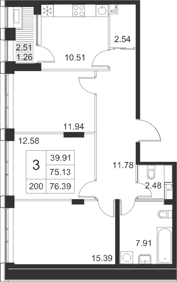3-комнатная, 76 м² — ЖК ЖК Golden City (Голден сити)