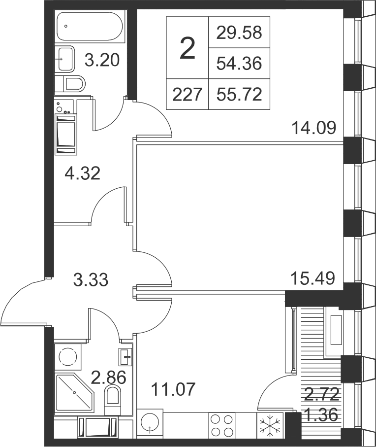 2-комнатная, 56 м² — ЖК ЖК Golden City (Голден сити)