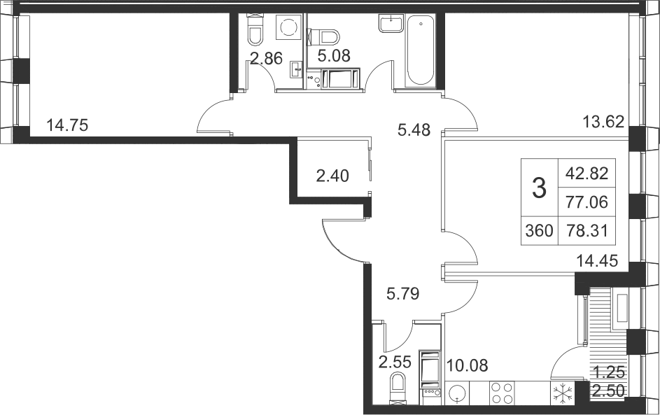 3-комнатная, 78 м² — ЖК ЖК Golden City (Голден сити)