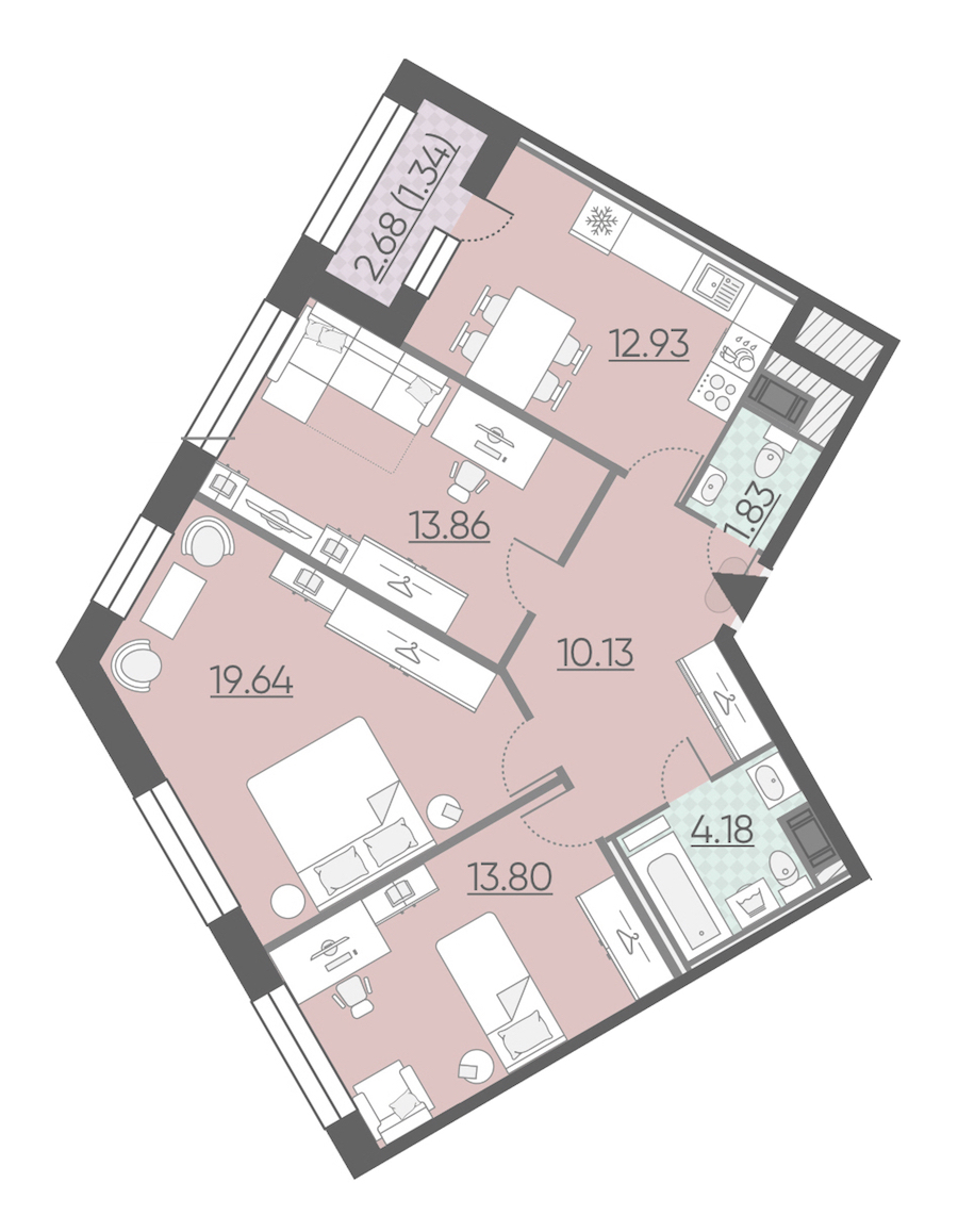 3-комнатная, 78 м² — ЖК ЖК Riviere Noire (Ривьер Нуар)