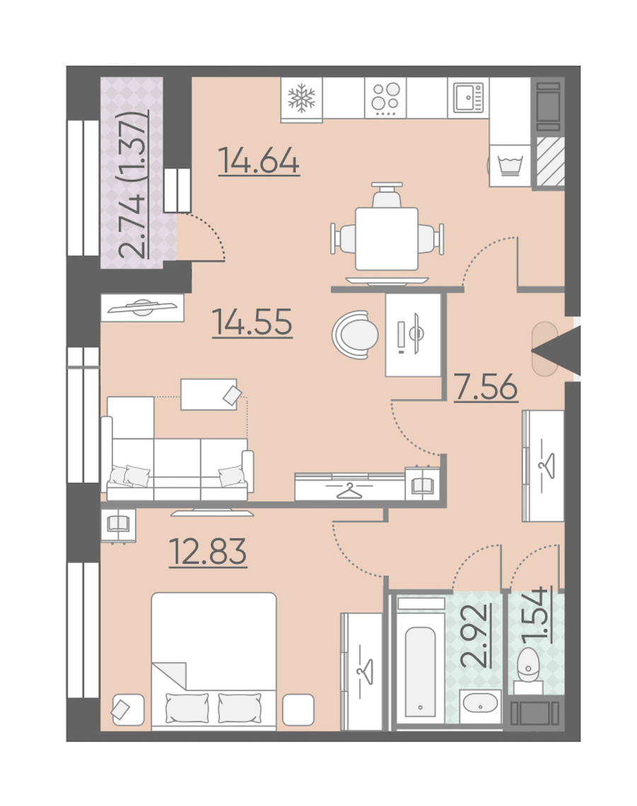 2-комнатная, 55 м² — ЖК ЖК Riviere Noire (Ривьер Нуар)