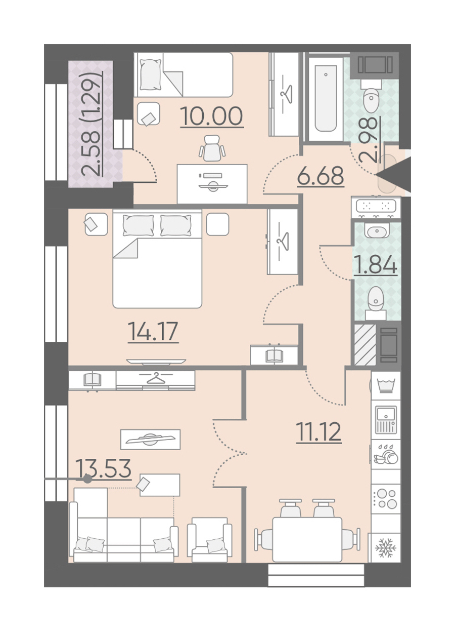 3-комнатная, 62 м² — ЖК ЖК Riviere Noire (Ривьер Нуар)