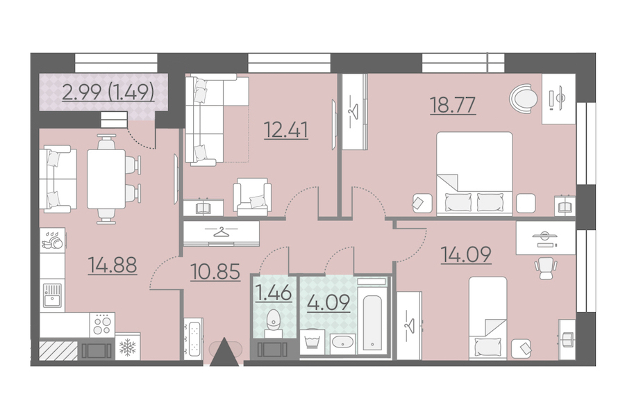 3-комнатная, 78 м² — ЖК ЖК Riviere Noire (Ривьер Нуар)