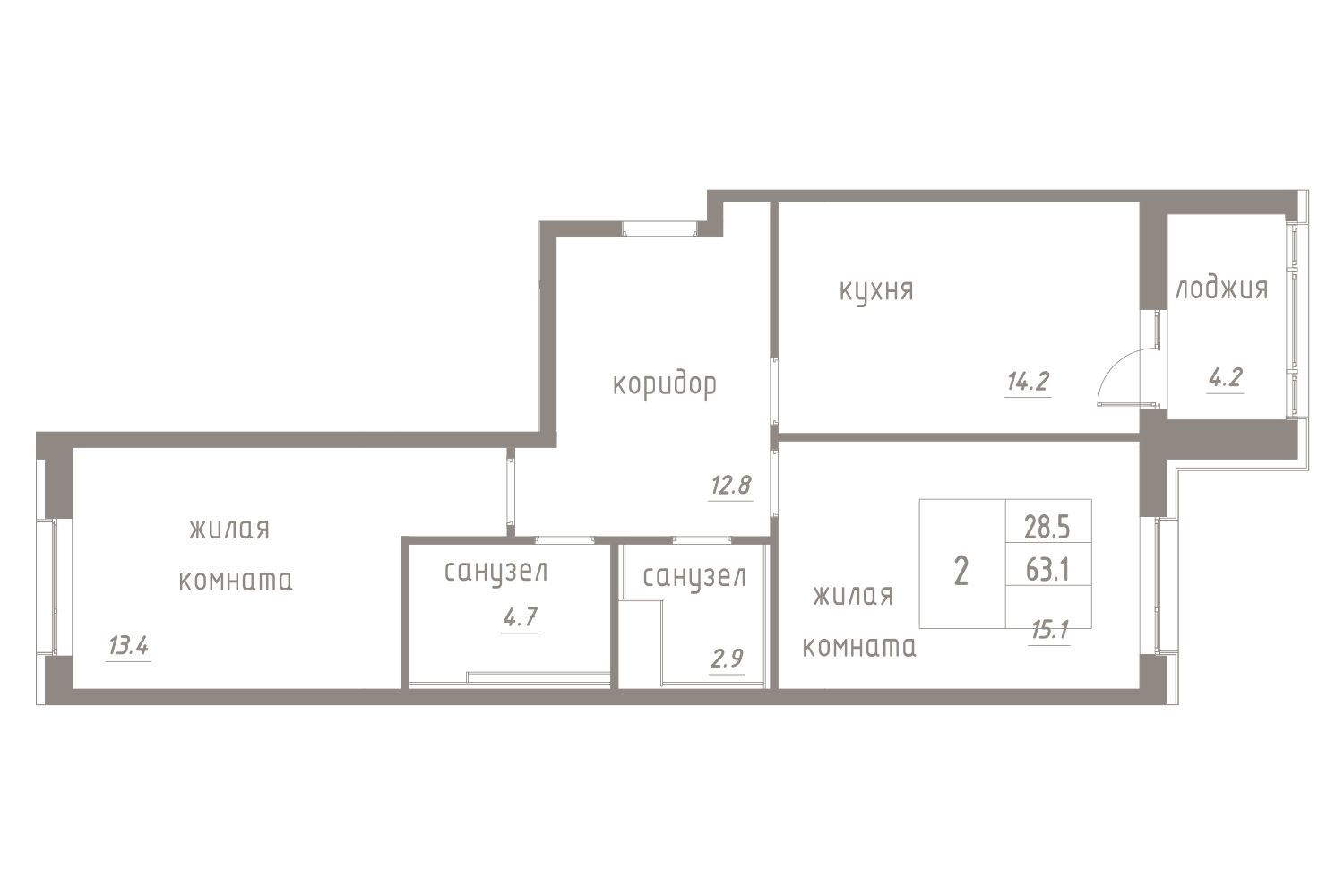 2-комнатная, 65 м² — ЖК ЖК Лайф Лесная
