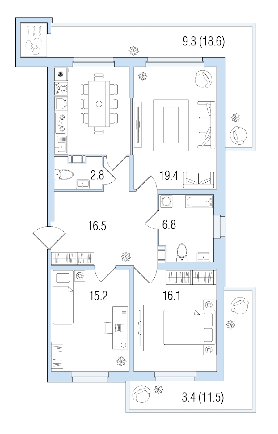 3-комнатная, 103 м² — ЖК ЖК Жемчужный берег