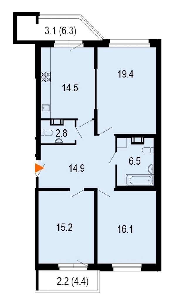 3-комнатная, 95 м² — ЖК ЖК Жемчужный берег