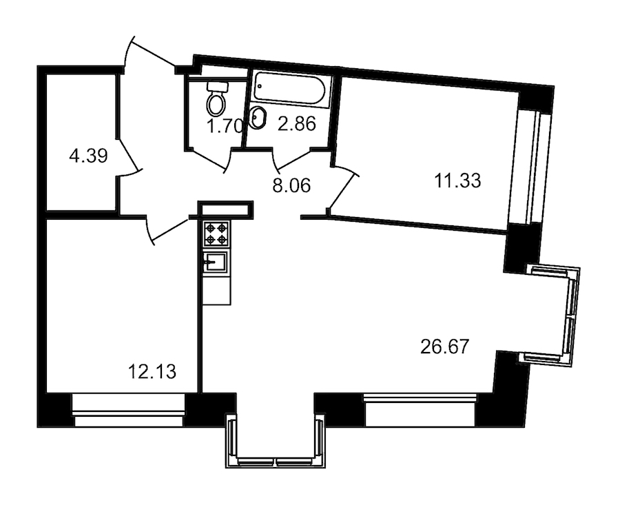 2-комнатная, 68 м² — ЖК Клубный дом Волковский
