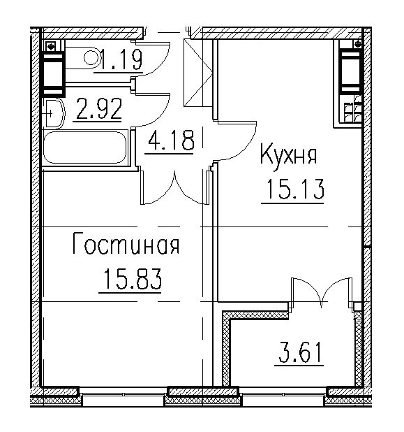 1-комнатная, 38 м² — ЖК Клубный дом Петровский квартал на воде