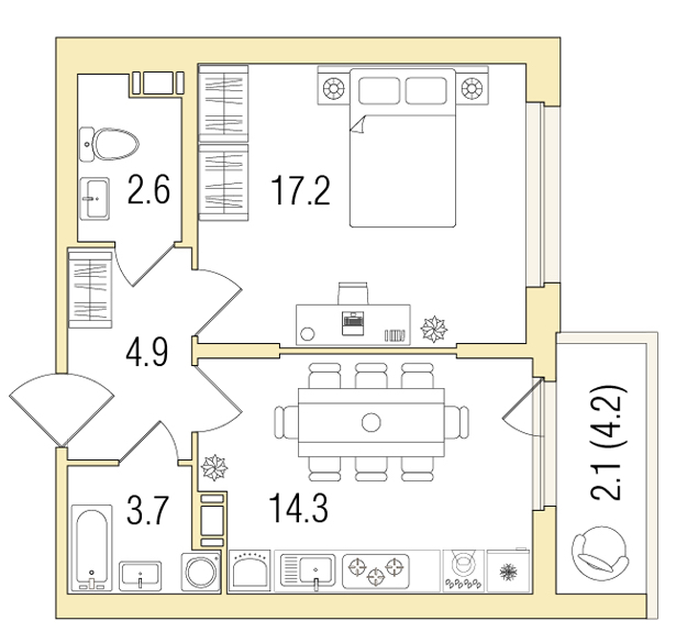 1-комнатная, 46 м² — ЖК ЖК Жемчужный берег