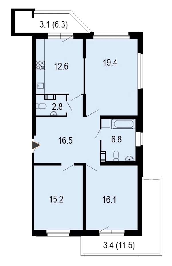 3-комнатная, 96 м² — ЖК ЖК Жемчужный берег