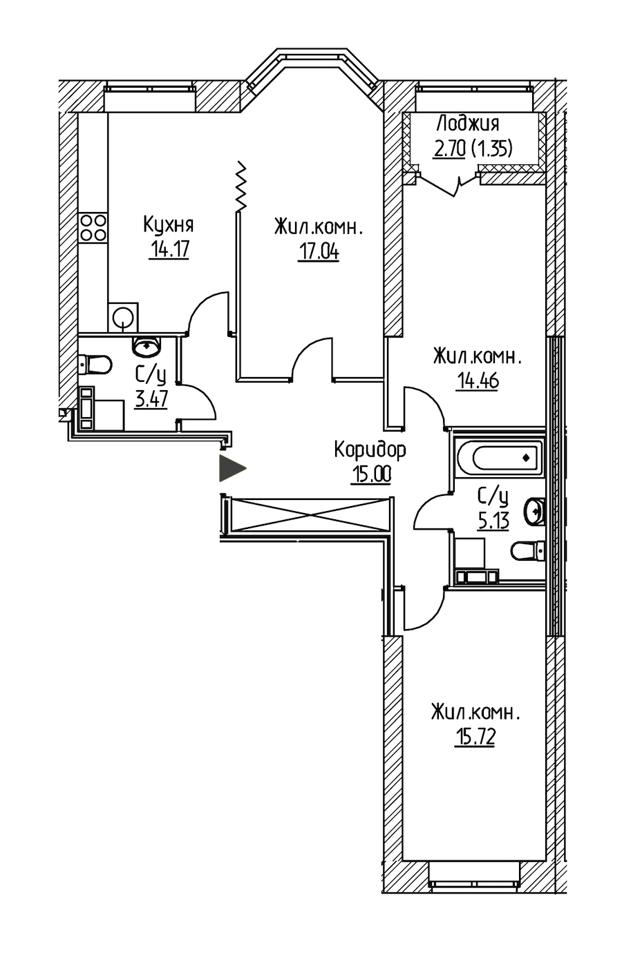 3-комнатная, 86 м² — ЖК ЖК Новое Купчино