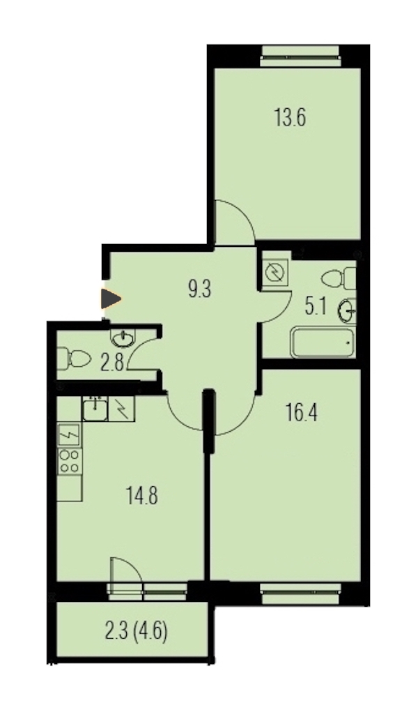2-комнатная, 64 м² — ЖК ЖК Жемчужный Каскад