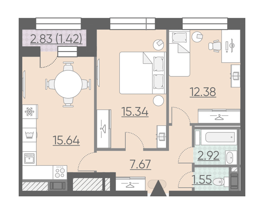 2-комнатная, 57 м² — ЖК ЖК Riviere Noire (Ривьер Нуар)