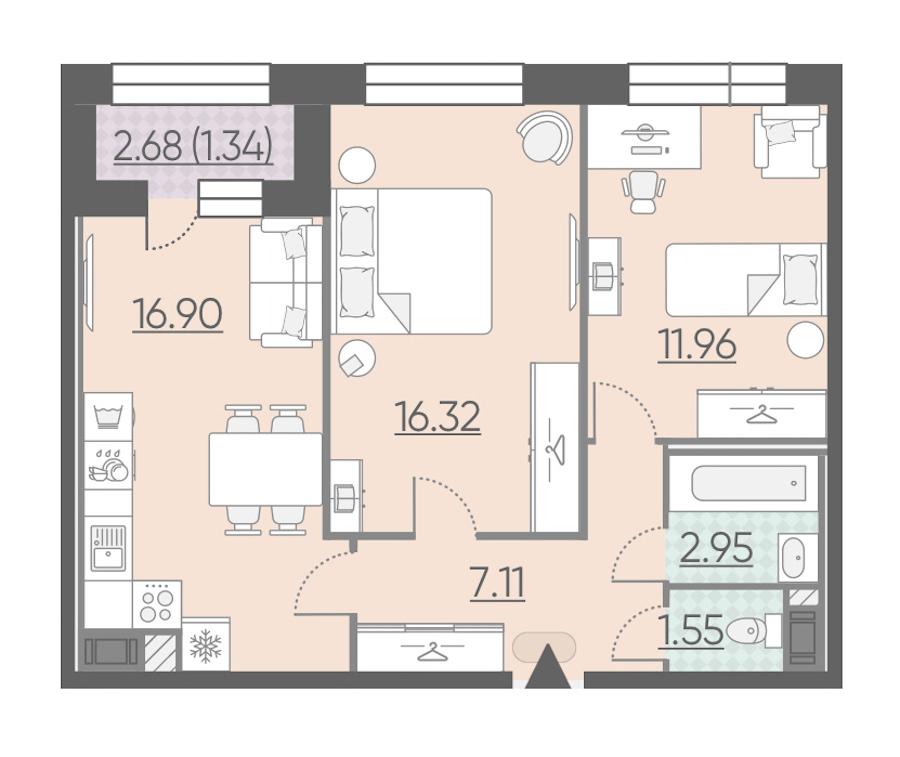 2-комнатная, 58 м² — ЖК ЖК Riviere Noire (Ривьер Нуар)