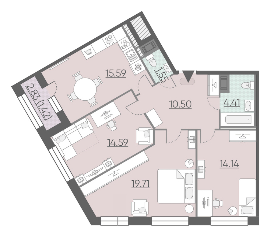 3-комнатная, 82 м² — ЖК ЖК Riviere Noire (Ривьер Нуар)