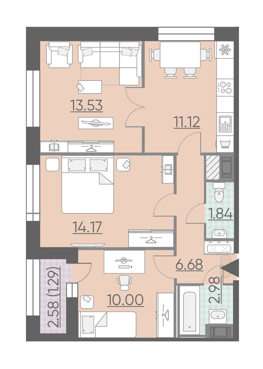 3-комнатная, 62 м² — ЖК ЖК Riviere Noire (Ривьер Нуар)