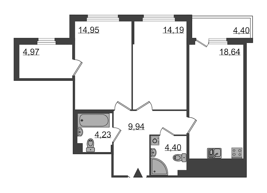 2-комнатная, 74 м² — ЖК Клубный дом Б57
