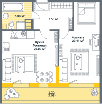 1-комнатная, 57 м² — ЖК ЖК Тихая гавань (Светлый мир)