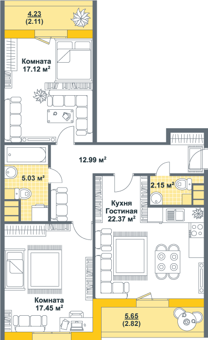2-комнатная, 82 м² — ЖК ЖК Тихая гавань (Светлый мир)