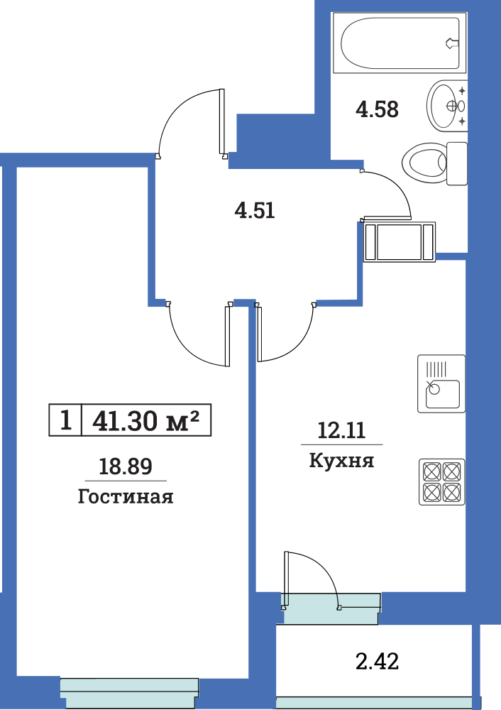1-комнатная, 41 м² — ЖК ЖК Цвета радуги