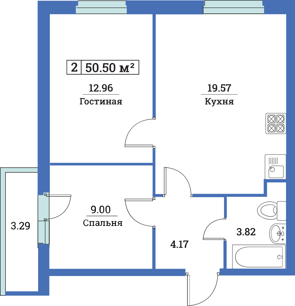 2-комнатная, 51 м² — ЖК ЖК Цвета радуги