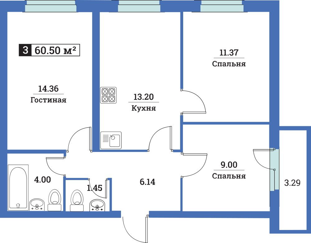 3-комнатная, 61 м² — ЖК ЖК Цвета радуги