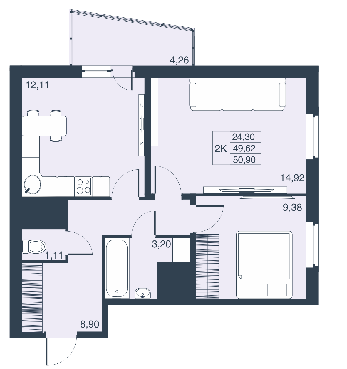 2-комнатная, 50 м² — ЖК ЖК Муринские высоты