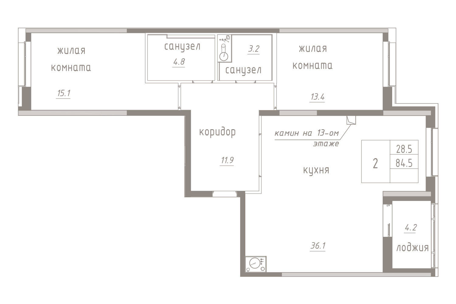 2-комнатная, 87 м² — ЖК ЖК Лайф Лесная