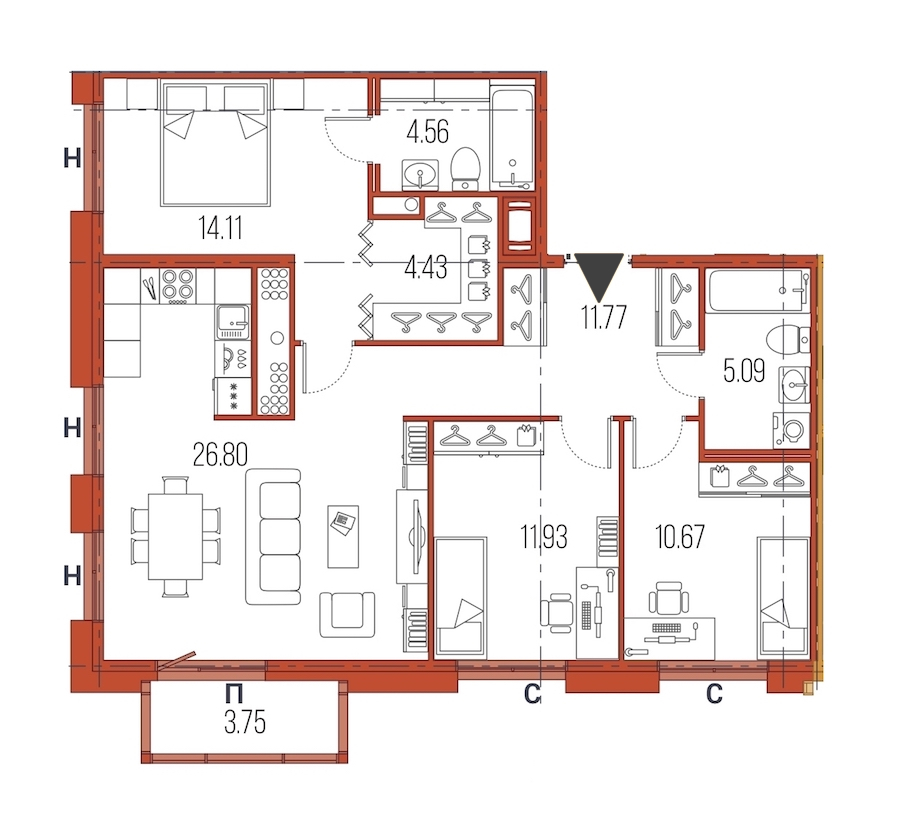 3-комнатная, 89 м² — ЖК ЖК Legenda Героев