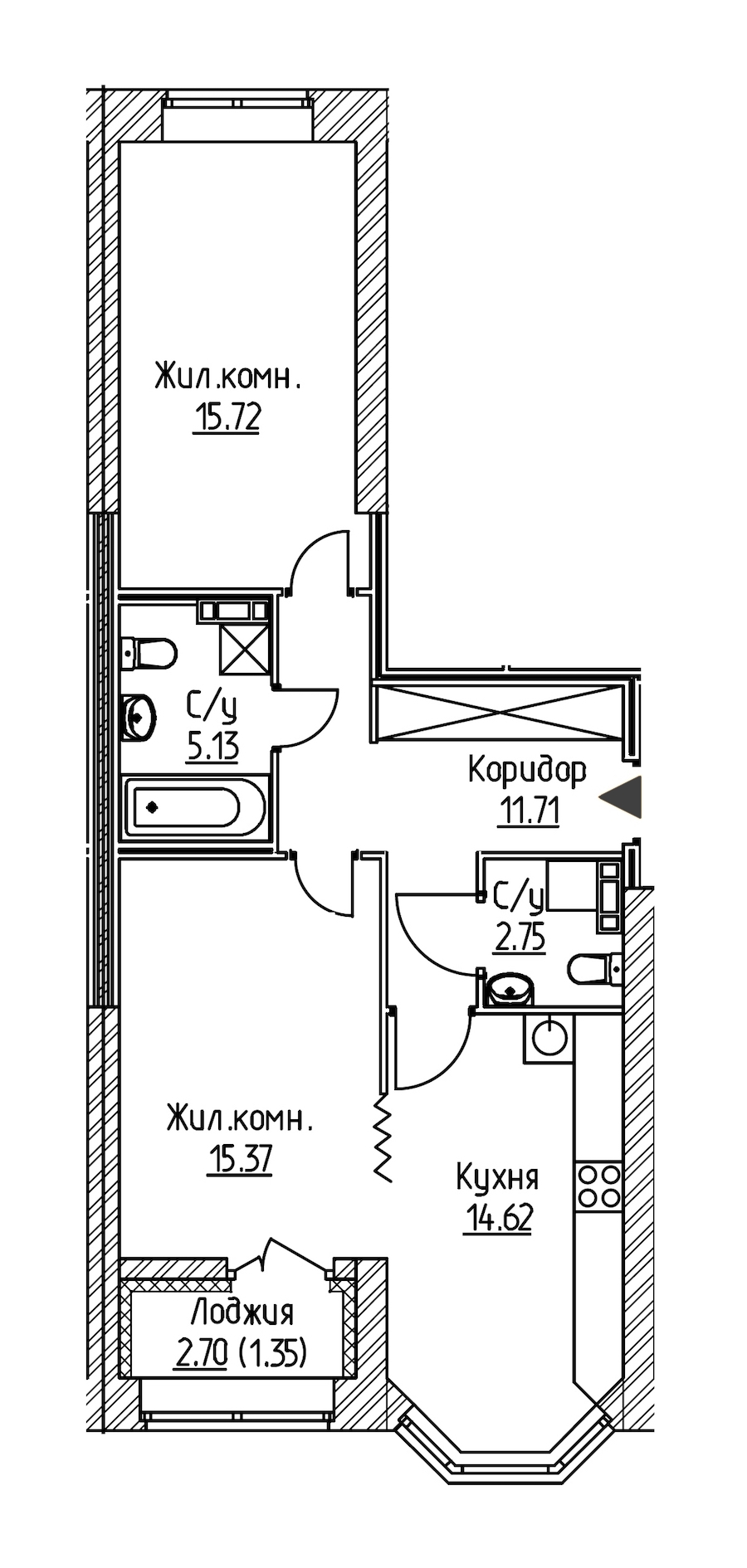 2-комнатная, 67 м² — ЖК ЖК Новое Купчино