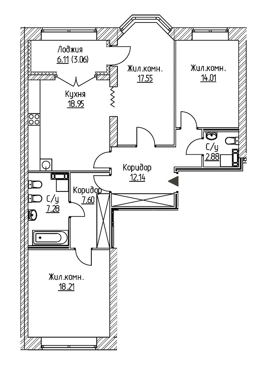 3-комнатная, 102 м² — ЖК ЖК Новое Купчино