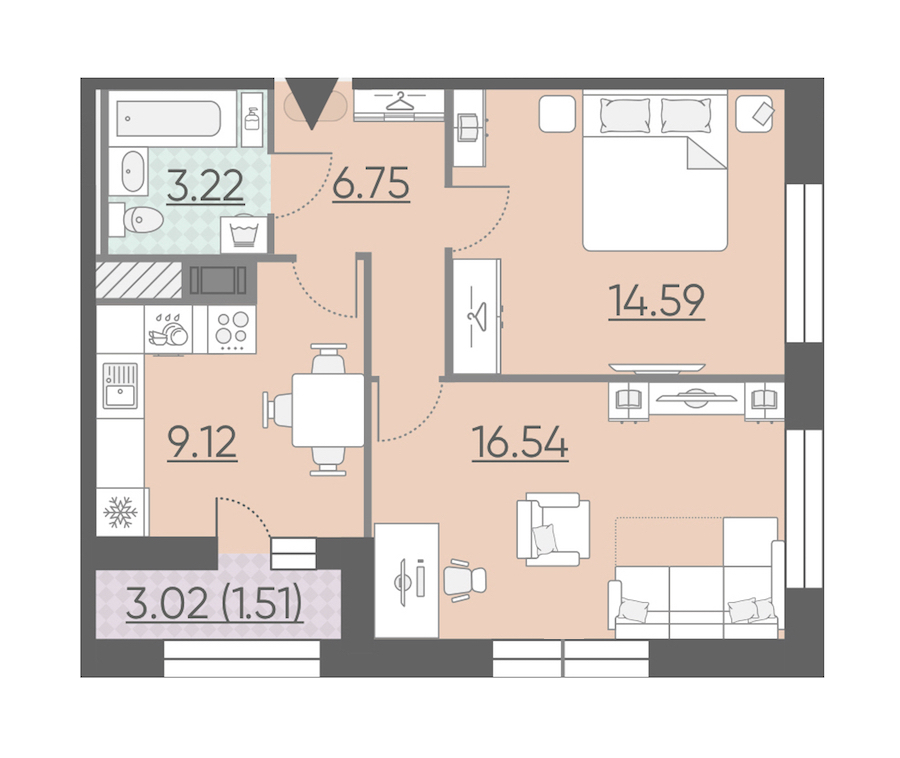 2-комнатная, 52 м² — ЖК ЖК Riviere Noire (Ривьер Нуар)