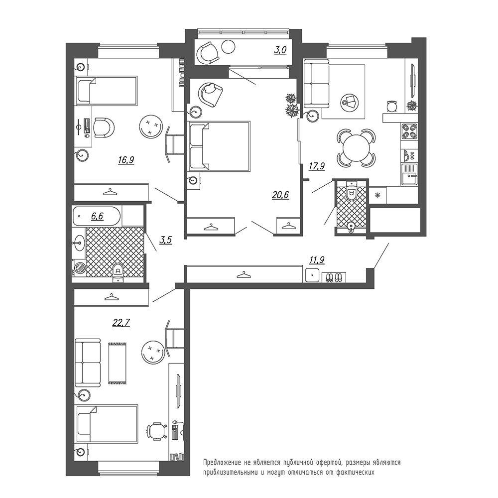 3-комнатная, 105 м² — ЖК ЖК Эталон на Неве