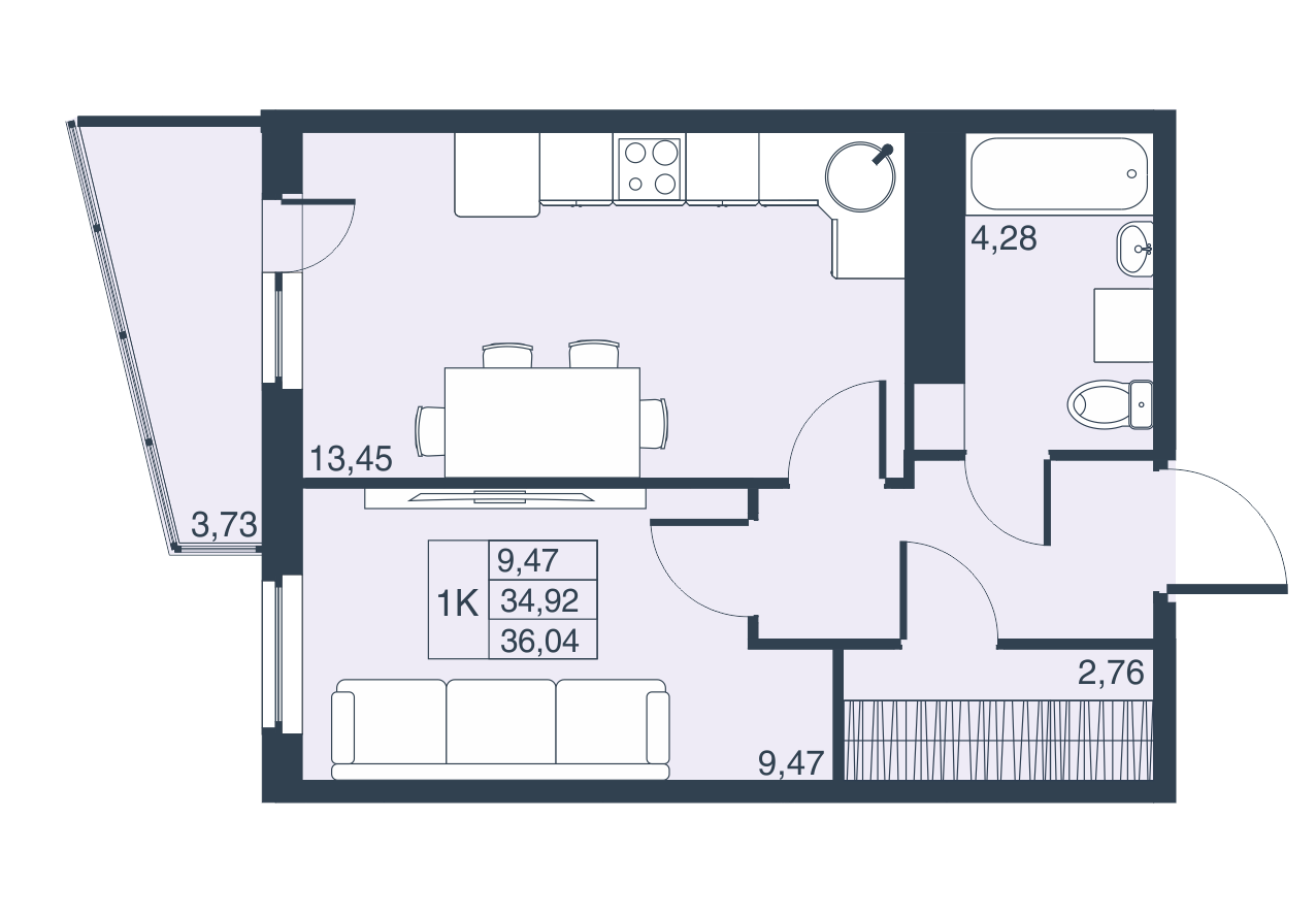 1-комнатная, 35 м² — ЖК ЖК Муринские высоты