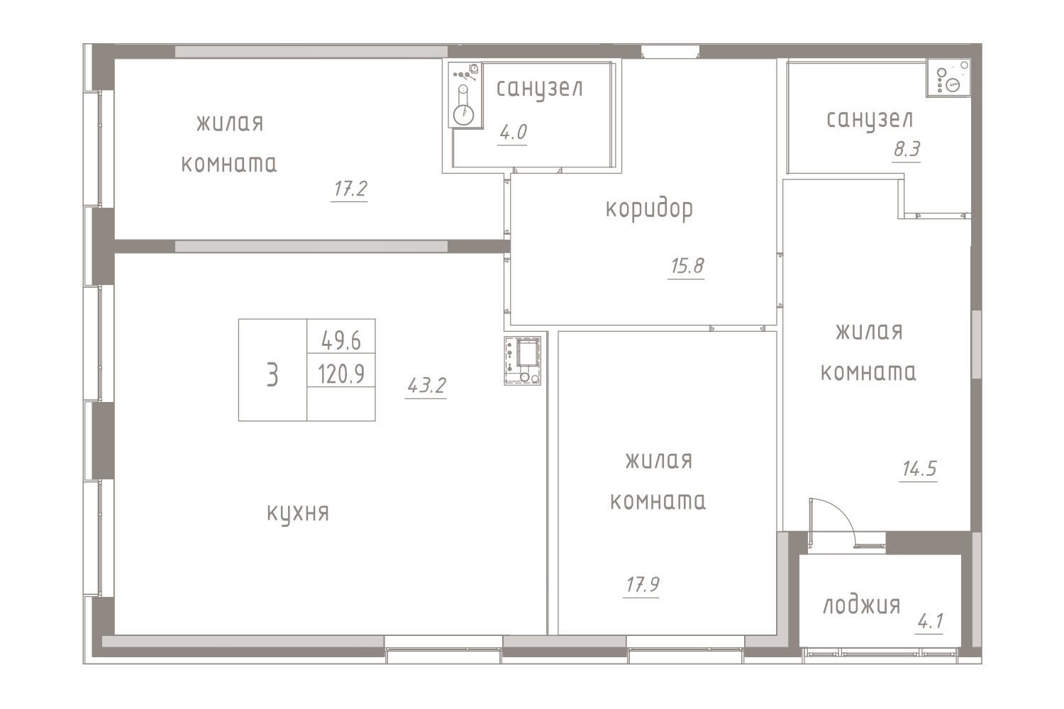 3-комнатная, 123 м² — ЖК ЖК Лайф Лесная